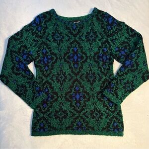 Vintage 80s Imari Green Blue Black Pattern Knit Crewneck Sweater Womens S